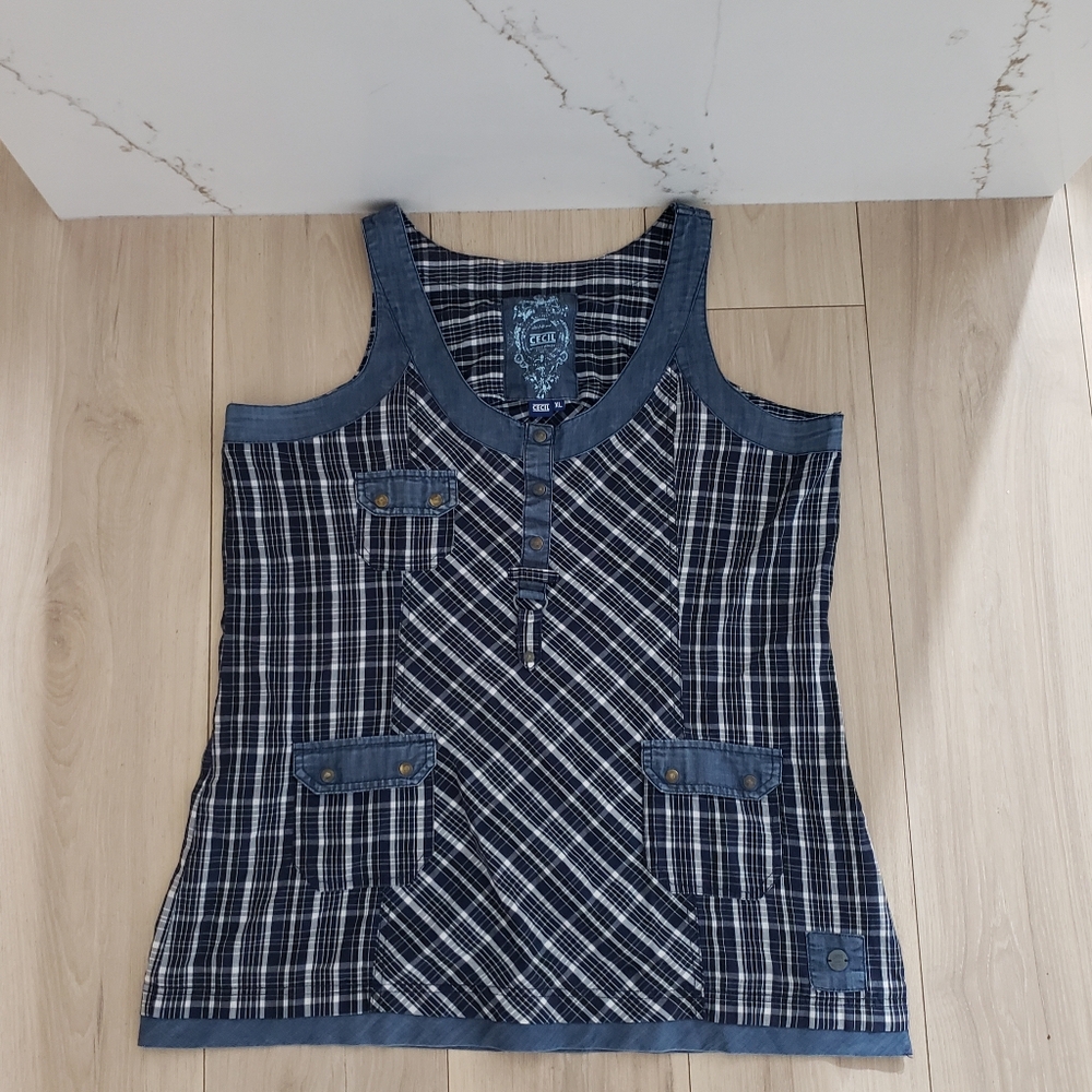 Cecil Tank Top Womens XL Navy White Plaid Sleeveless